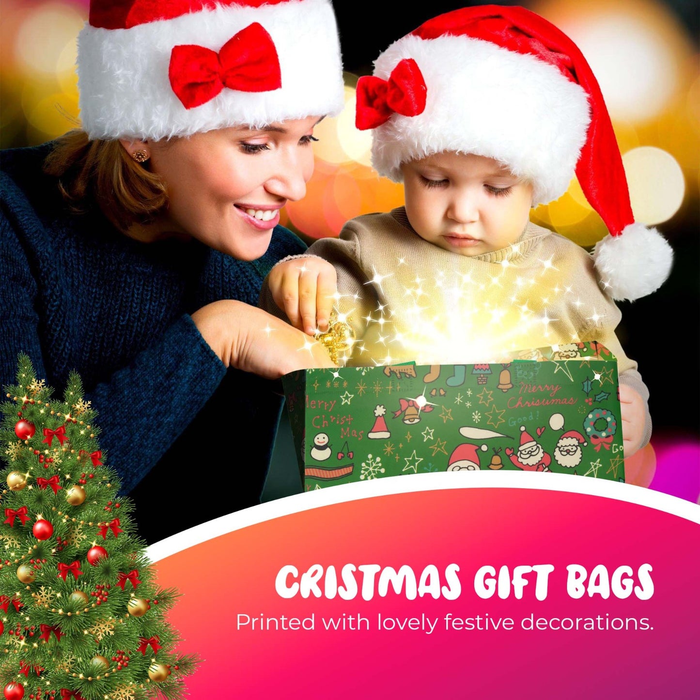 12 Pack Christmas Reusable Grocery Bag Tote Bag with Handle Gift Present Bag