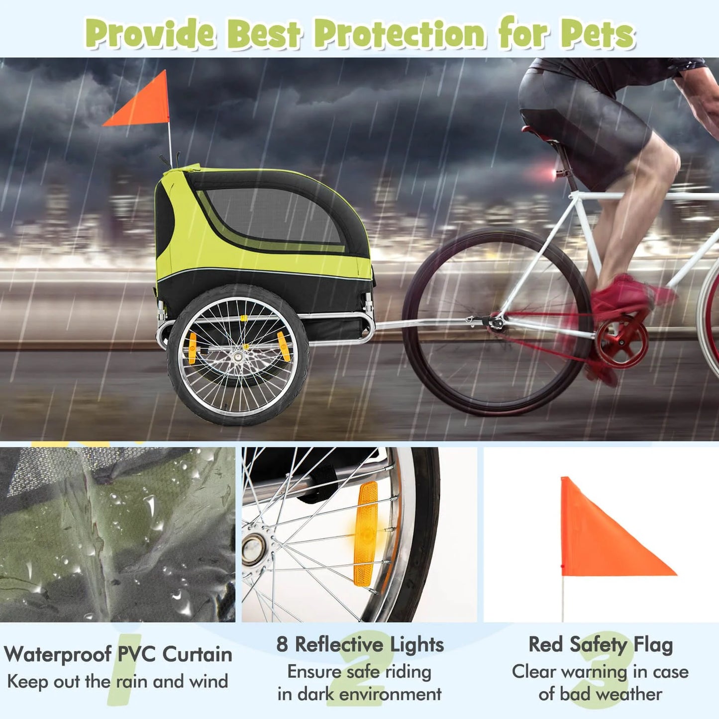 Folding Pet Bike Trailer with 3 Zippered Doors and 8 Reflectors