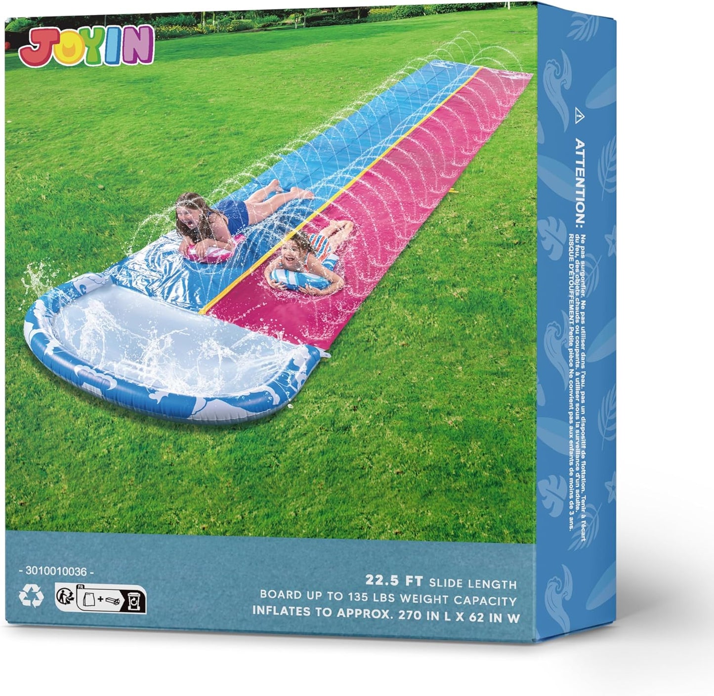 JOYIN 22.5Ft/685.8Cm Water Slides and 2 Bodyboards, Lawn Water Slide Summer Slip Waterslides Water Toy with Build in Sprinkler for Backyard Outdoor Water Fun for Kids,Blue,Pink