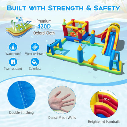 COSTWAY Inflatable Water Park, Kids Bouncy Castle with Slide, Climbing Wall, Splash Pool, Water Cannon, Volleyball Net, Football Goals & Punching Bag, Outdoor Blow up Bounce House (Without Blower)