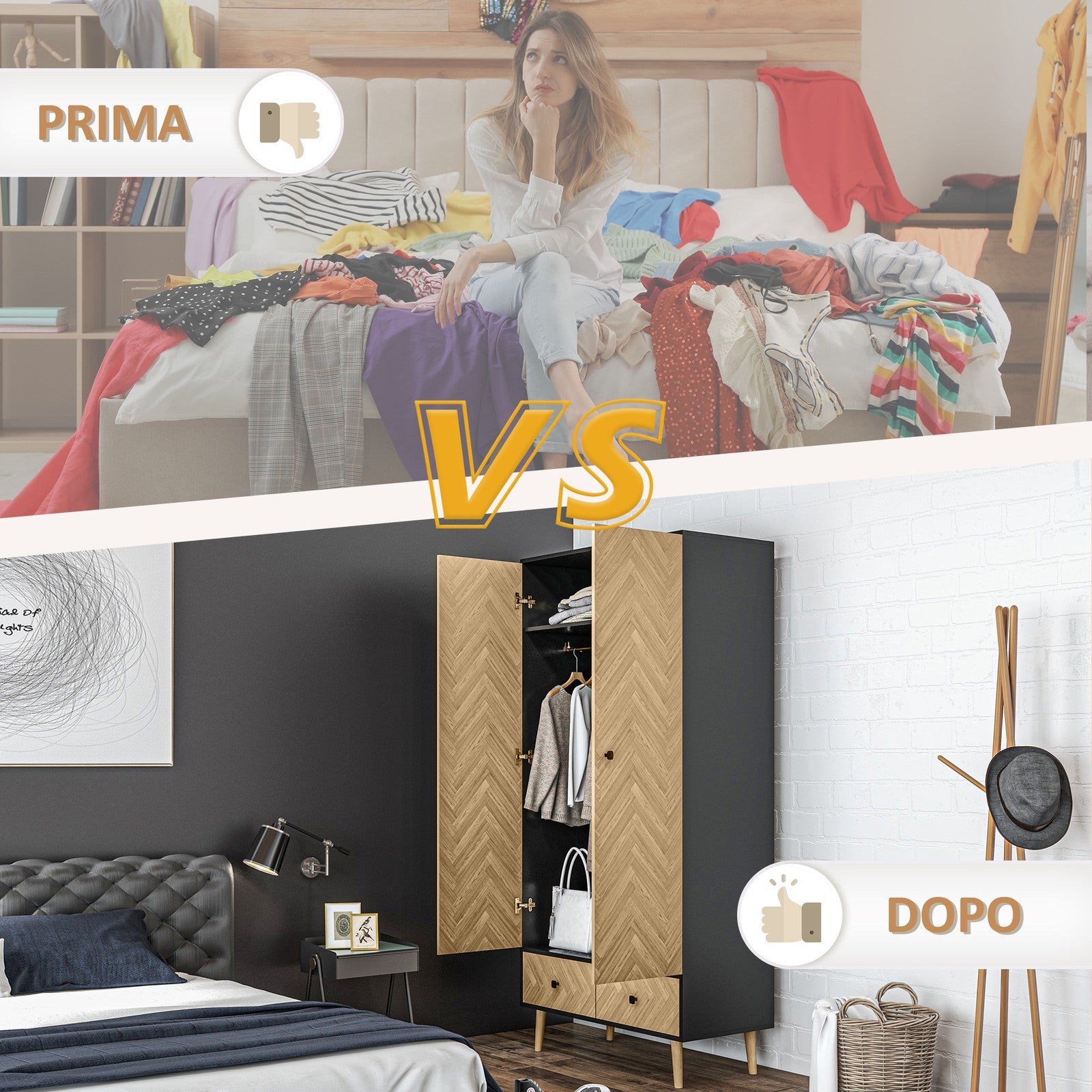 Modern Wardrobe Cabinet with Shelf, Hanging Rod and 2 Drawers 90X50X190Cm
