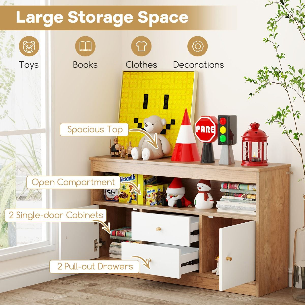 Wooden Kids Toy Children Bookshelf Storage Chest with Open Shelf