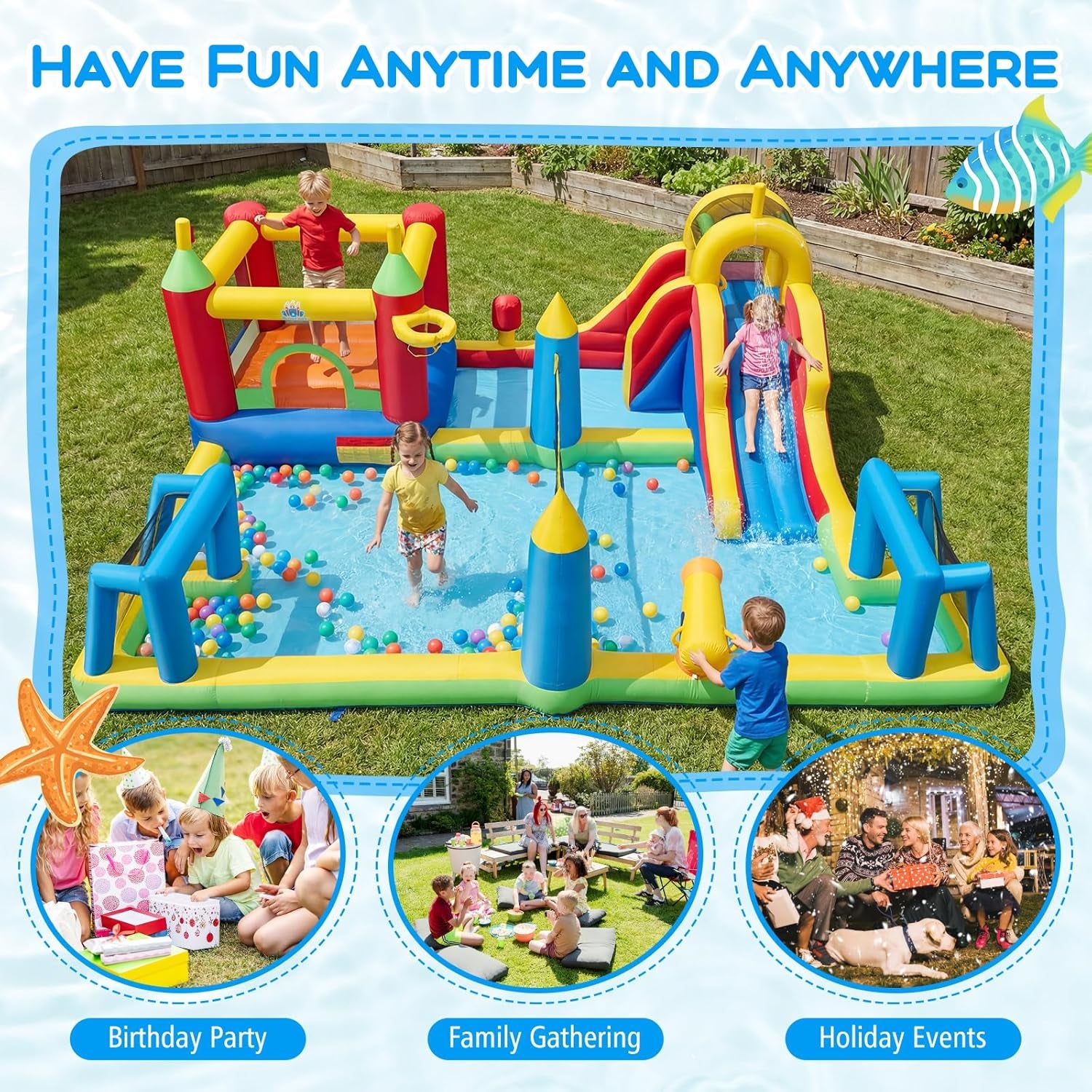 COSTWAY Inflatable Water Park, Kids Bouncy Castle with Slide, Climbing Wall, Splash Pool, Water Cannon, Volleyball Net, Football Goals & Punching Bag, Outdoor Blow up Bounce House (Without Blower)