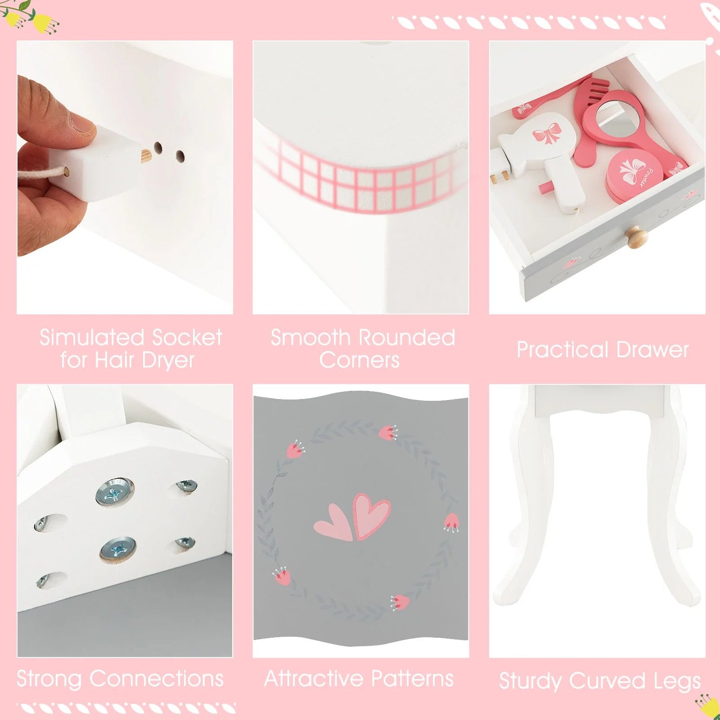 Kids Vanity Table and Stool with Detachable Tri-Fold Mirror and Cute Accessories