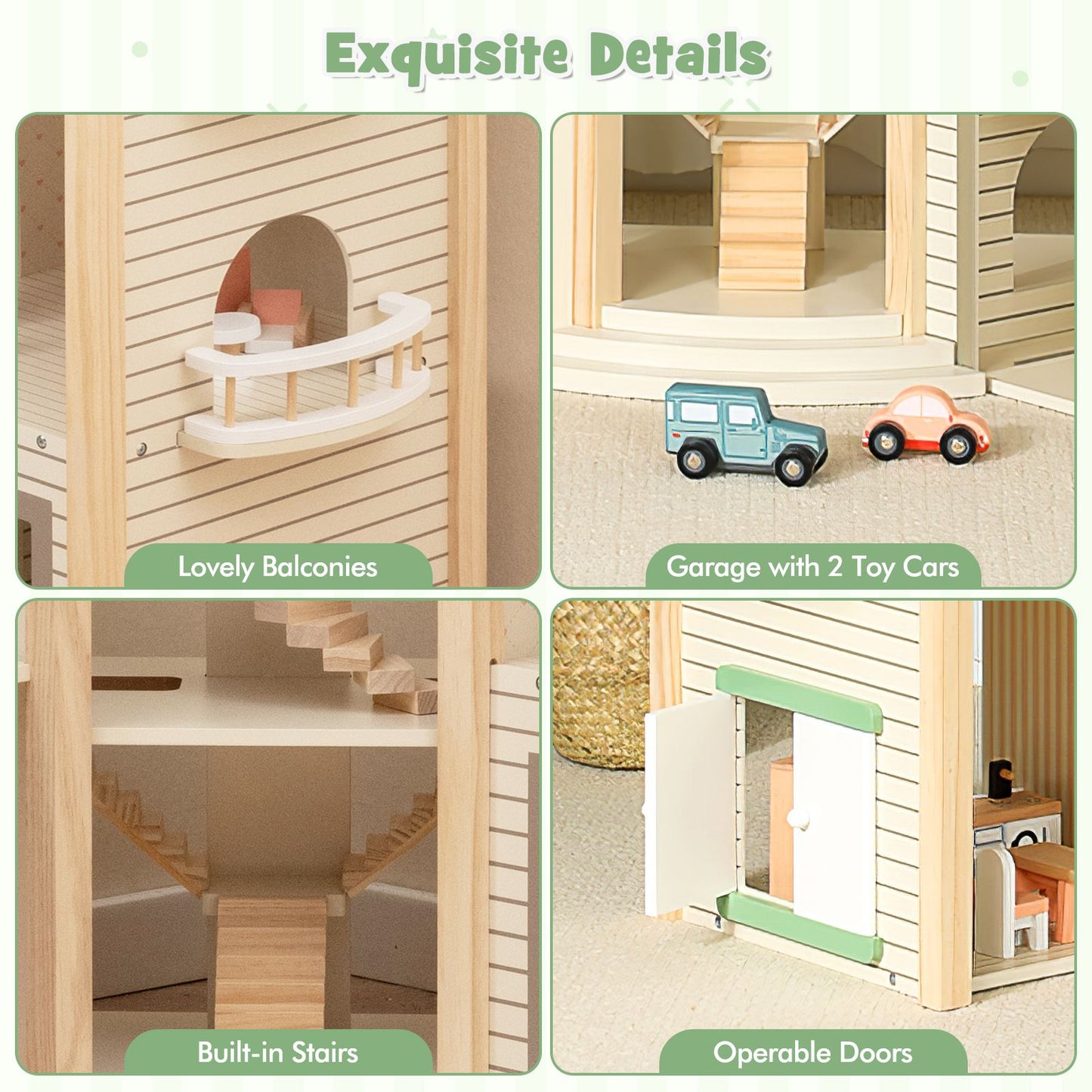 Wooden Dollhouse with 36 Pieces Accessories for Kids