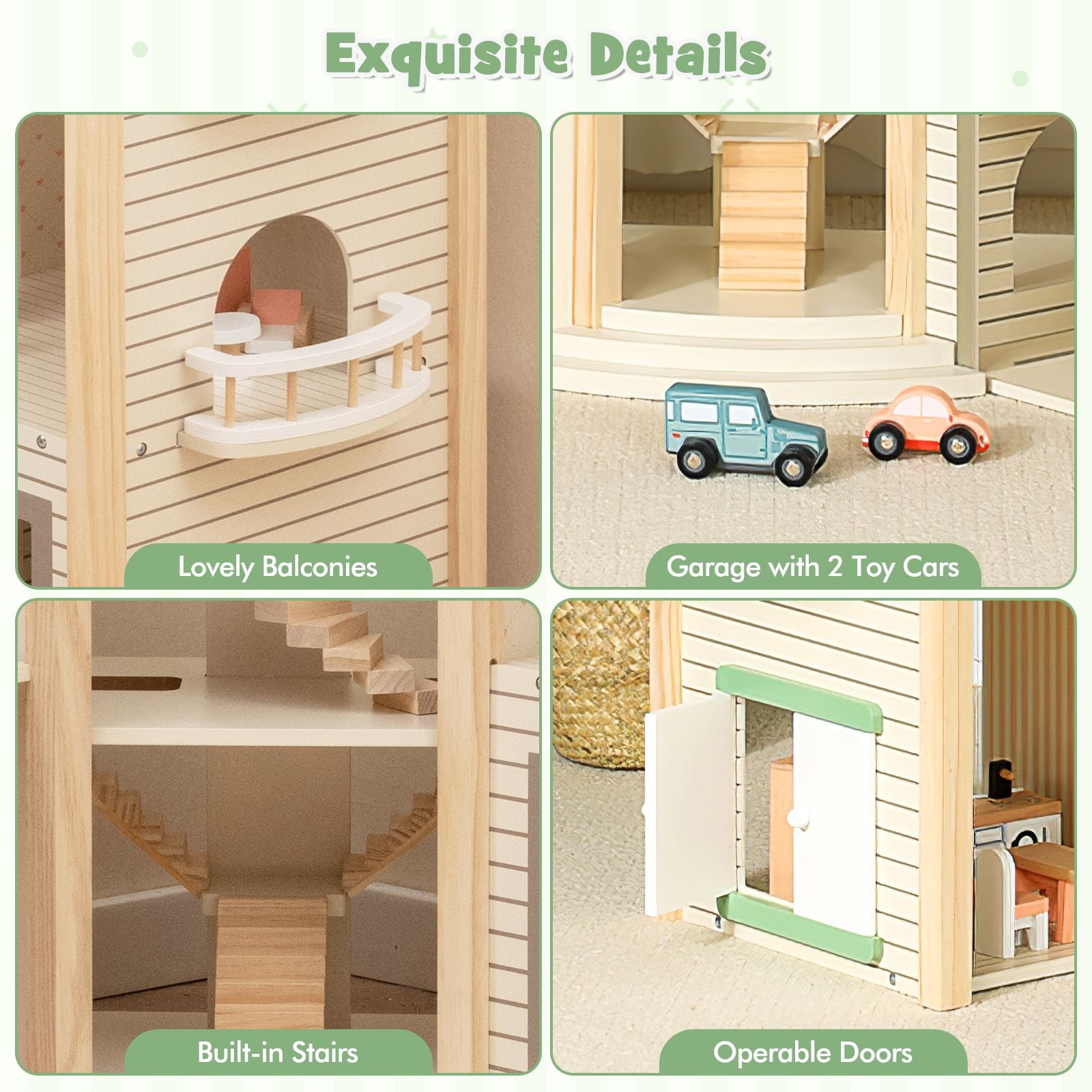 Wooden Dollhouse with 36 Pieces Accessories for Kids