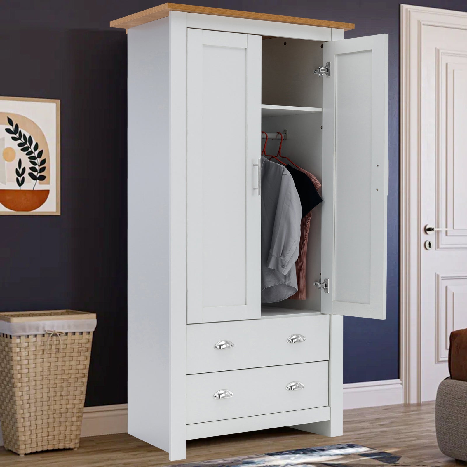 3 Door 2 Drawers Wardrobe with Shelves Storage & Hanging Rail Bedroom Furniture