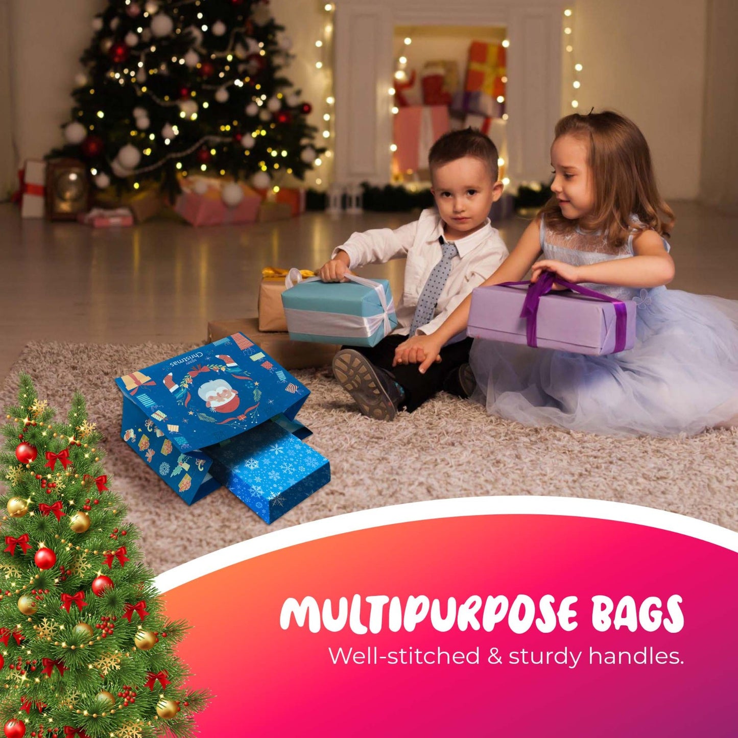 12 Pack Christmas Reusable Grocery Bag Tote Bag with Handle Gift Present Bag