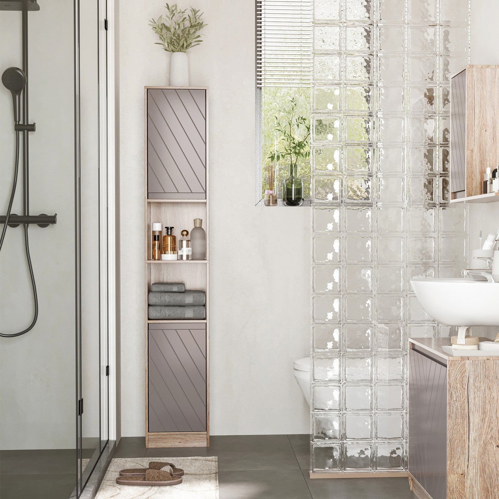 170Cm Freestanding Bathroom Storage Cabinet with Adjustable Shelves, Oak