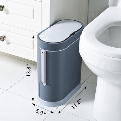 Bathroom Slim Plastic Trash Can with Toilet Brush 2.5 Gallon Double Barrel Waste Basket,Rectangular Press Garbage Container Bin for Bathroom(Grey)