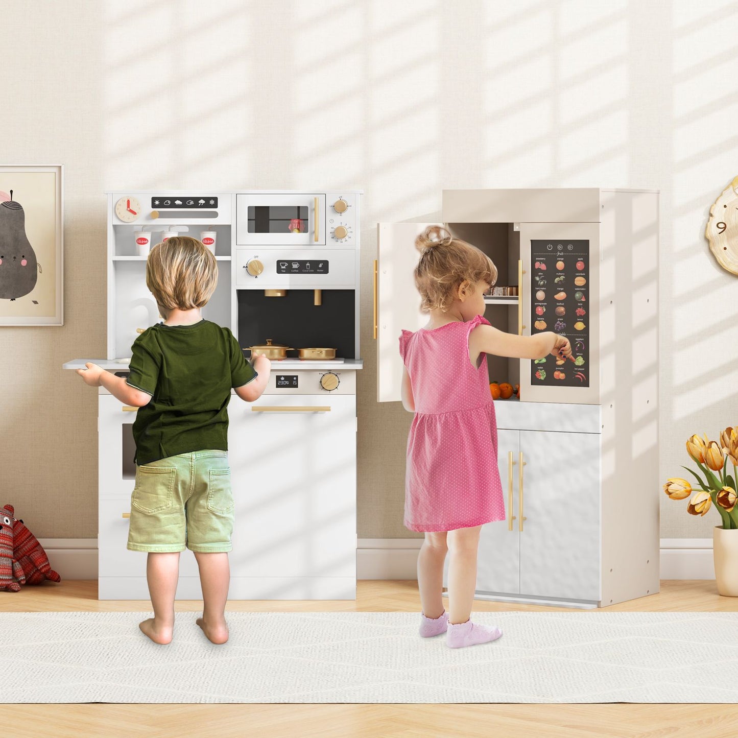 2 Pieces Kids Kitchen Playset Play Kitchen Refrigerator Combination