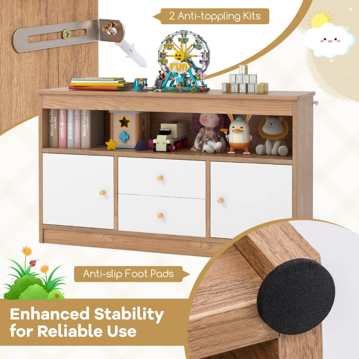 Wooden Kids Toy Children Bookshelf Storage Chest with Open Shelf