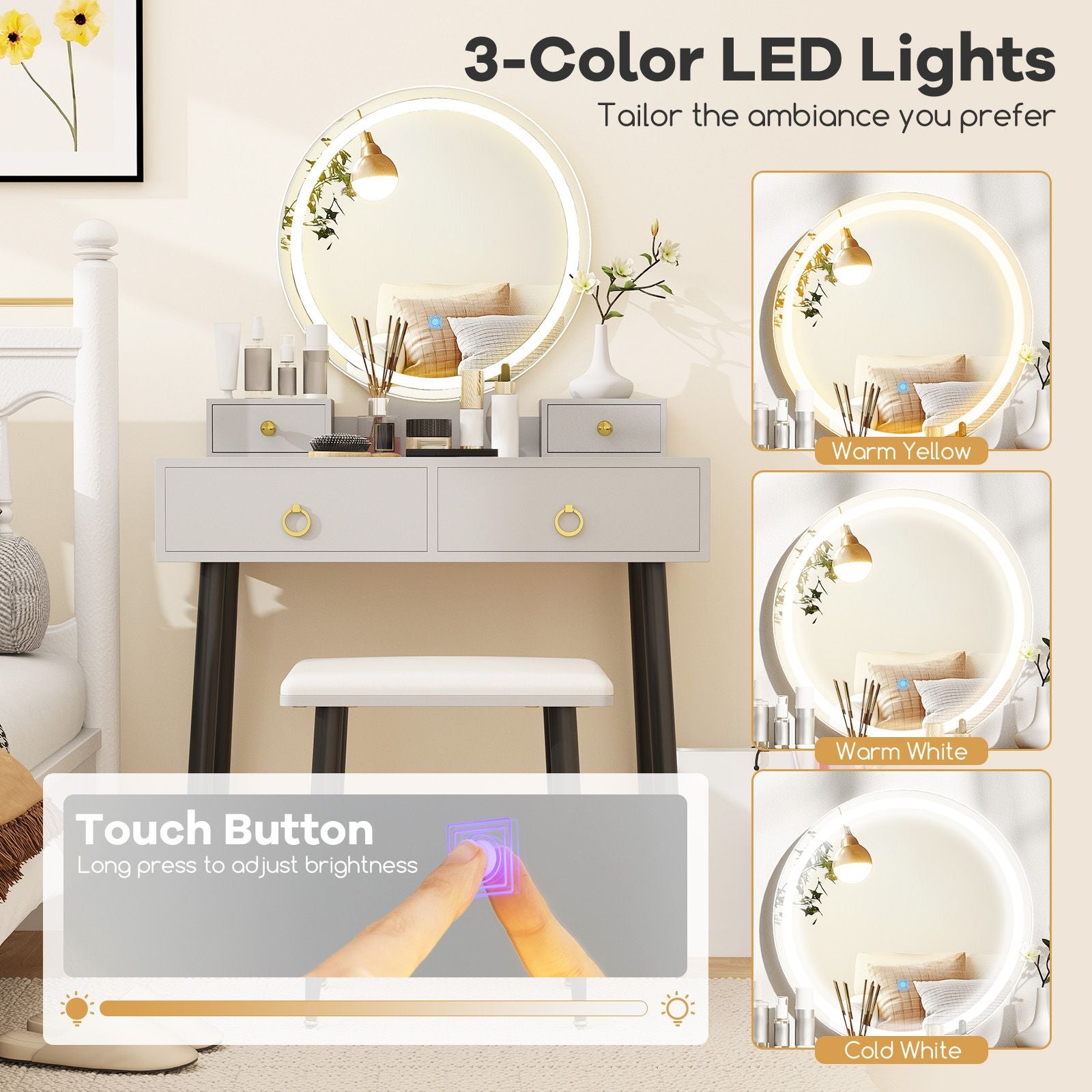 Makeup Vanity Desk with Lighted Mirror for Bedroom