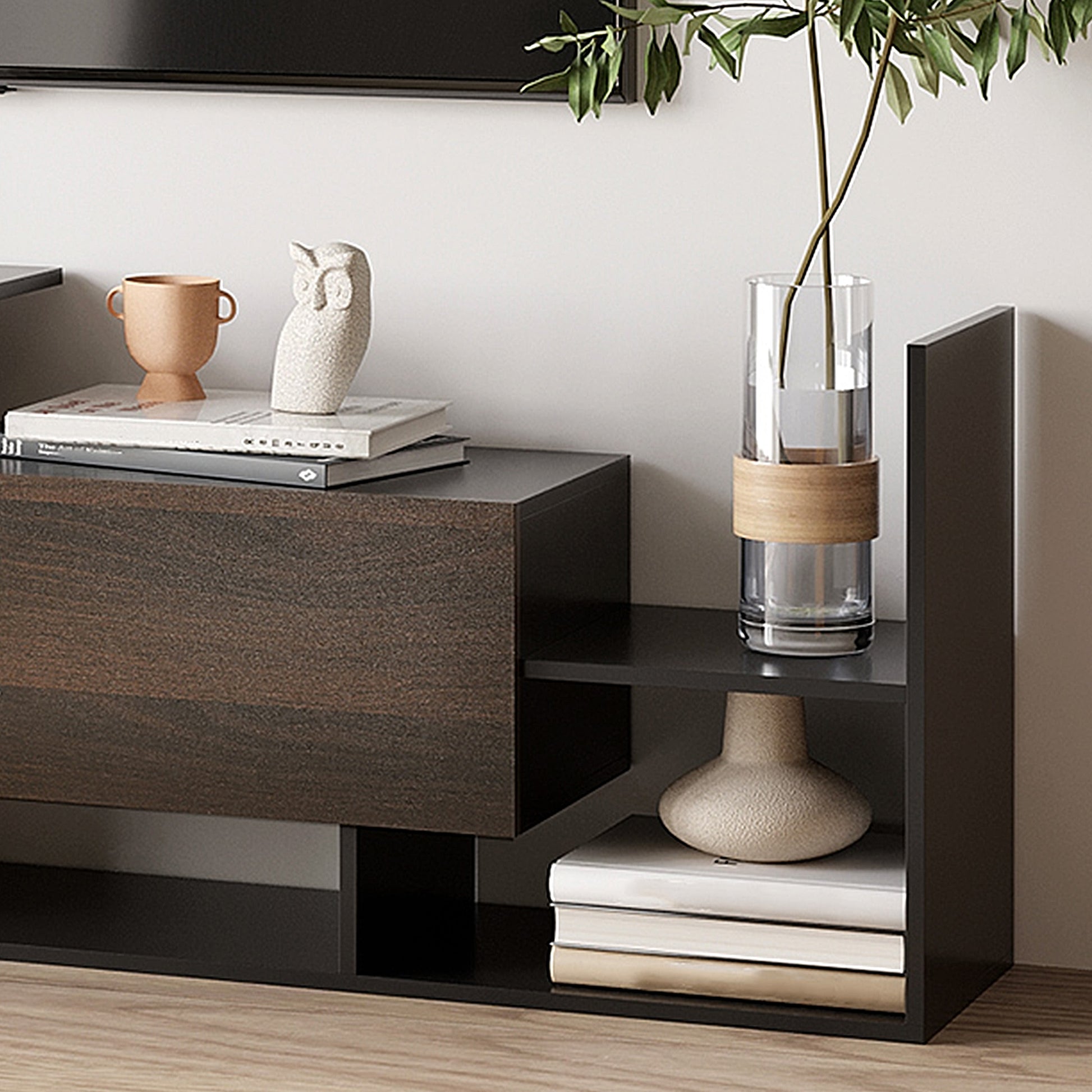 TV Cabinet W/ Wall Shelf and Storage Cabinet for Living Room
