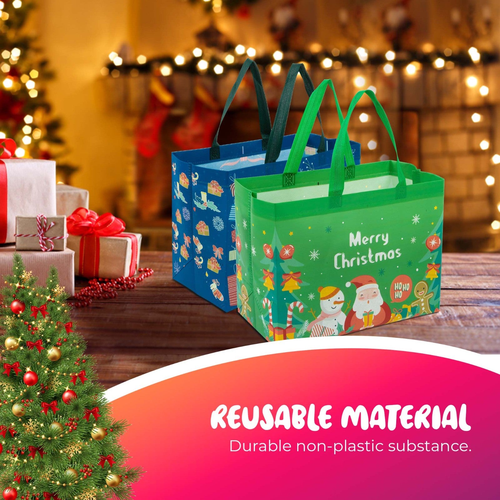 12 Pack Christmas Reusable Grocery Bag Tote Bag with Handle Gift Present Bag