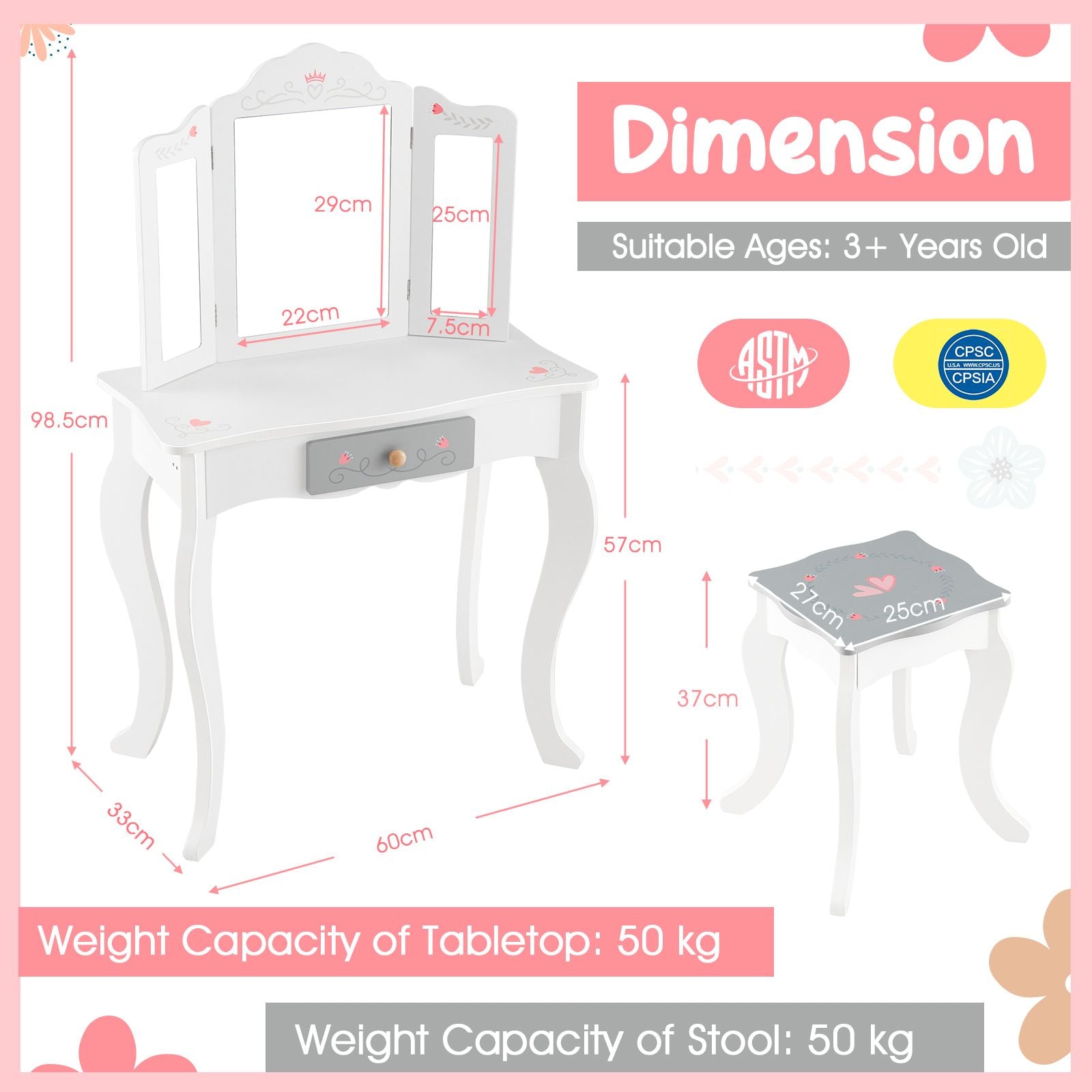 Kids Vanity Table and Stool with Detachable Tri-Fold Mirror and Cute Accessories