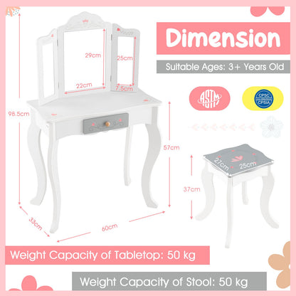 Kids Vanity Table and Stool with Detachable Tri-Fold Mirror and Cute Accessories