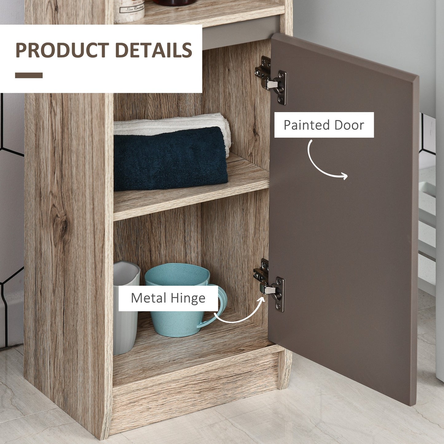 170Cm Freestanding Bathroom Storage Cabinet with Adjustable Shelves, Oak