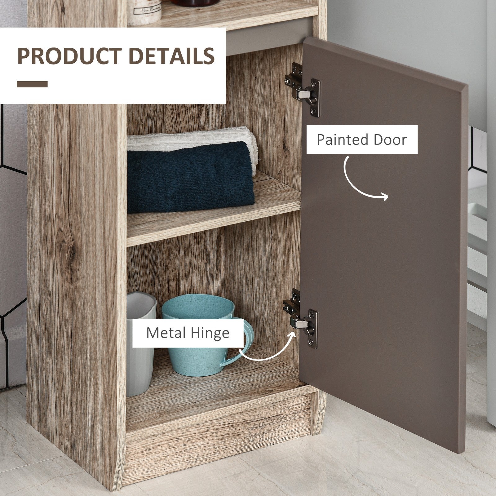 170Cm Freestanding Bathroom Storage Cabinet with Adjustable Shelves, Oak