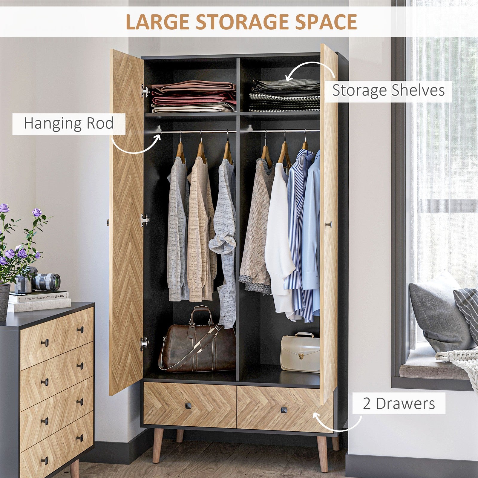 Modern Wardrobe Cabinet with Shelf, Hanging Rod and 2 Drawers 90X50X190Cm