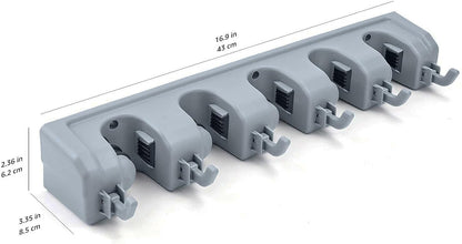 Rectangular Wall Mount Broom Holder and Garden Tool Organizer, 6 Hook and 5 Slot, 43 X 8.5 X 6.2 Cm, Gray