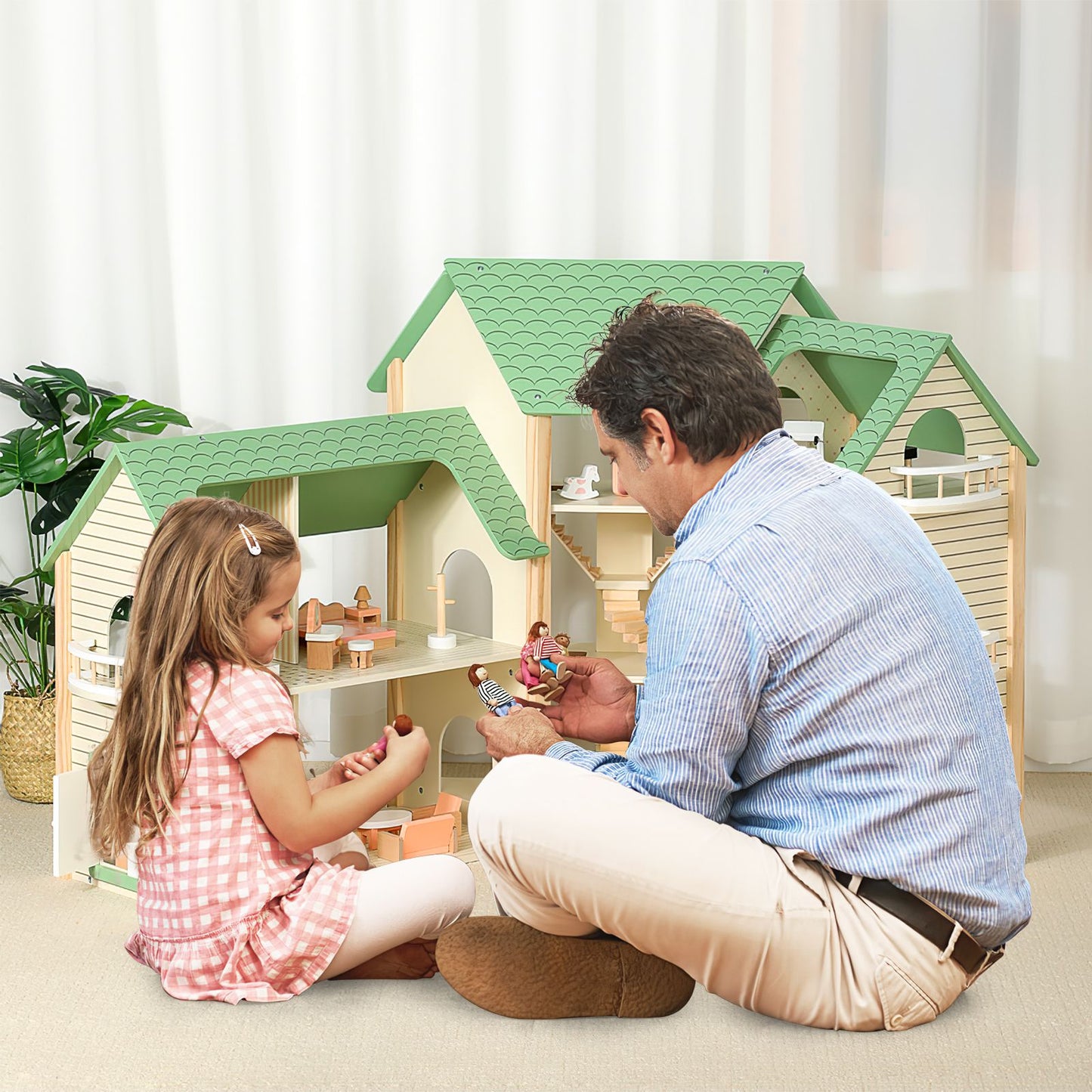 Wooden Dollhouse with 36 Pieces Accessories for Kids
