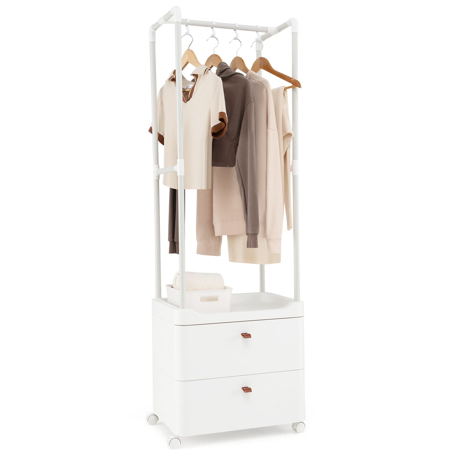 Freestanding Heavy-Duty Clothing Stand Dresser with Hanging Rod and Storage Shelves