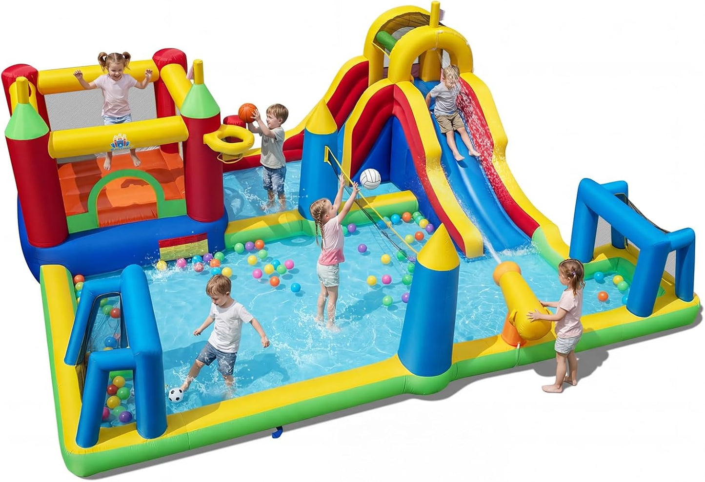 COSTWAY Inflatable Water Park, Kids Bouncy Castle with Slide, Climbing Wall, Splash Pool, Water Cannon, Volleyball Net, Football Goals & Punching Bag, Outdoor Blow up Bounce House (Without Blower)