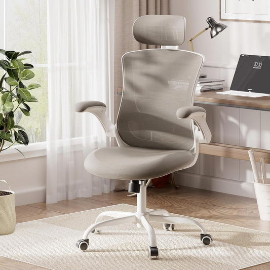 Ergonomic Office Chair with Lumbar Support, Mesh Desk Chair with Adjustable Headrest, Computer Chair with Flip-Up Armrest, Adjustable Seat Height and Tilt Function for Home Office Study, Khaki