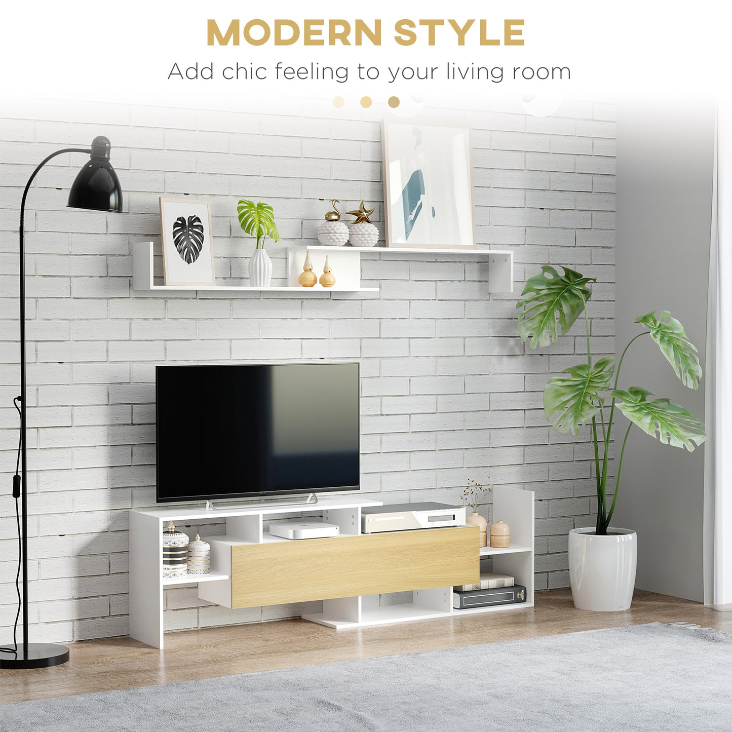 TV Cabinet W/ Wall Shelf and Storage Cabinet for Living Room