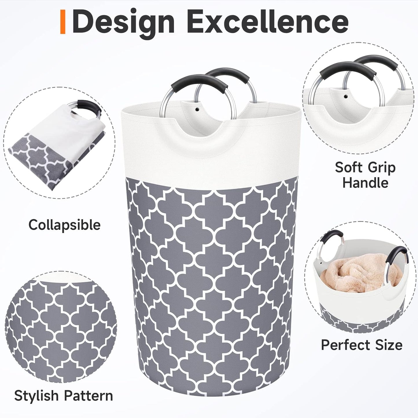 Large Laundry Basket Laundry Hamper Bag Washing Bin Clothes Bag Collapsible Tall with Handles Waterproof Travel Bathroom College Essentials Storage for College Dorm, Family (Grey),82L