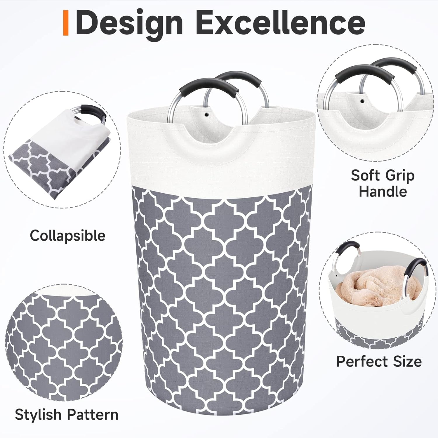 Large Laundry Basket Laundry Hamper Bag Washing Bin Clothes Bag Collapsible Tall with Handles Waterproof Travel Bathroom College Essentials Storage for College Dorm, Family (Grey),82L