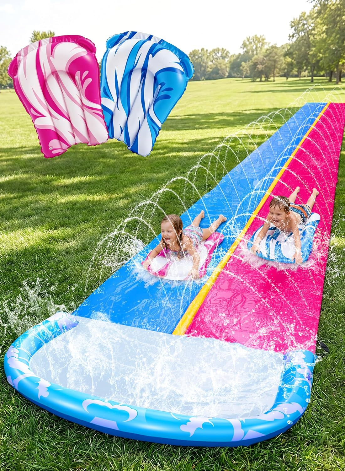 JOYIN 22.5Ft/685.8Cm Water Slides and 2 Bodyboards, Lawn Water Slide Summer Slip Waterslides Water Toy with Build in Sprinkler for Backyard Outdoor Water Fun for Kids,Blue,Pink