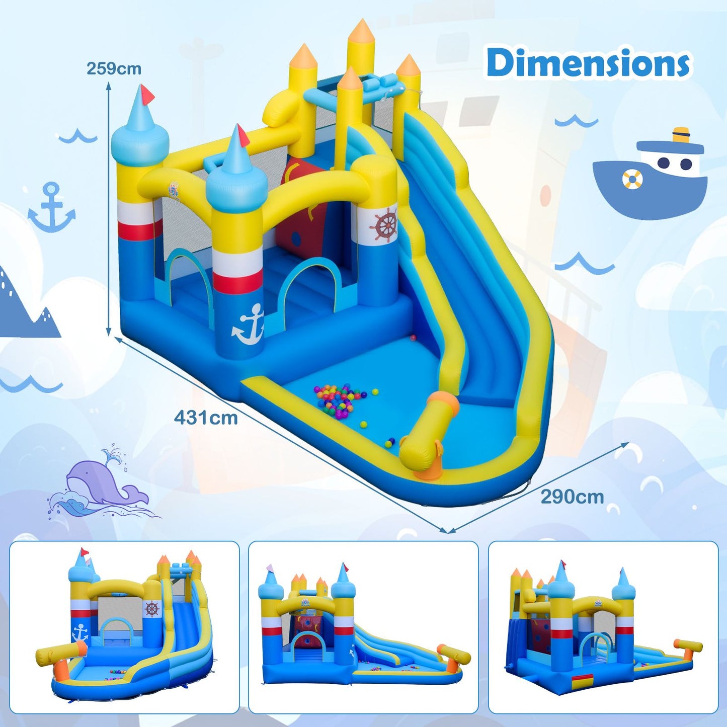 Inflatable Water Slide Kids Water Park with Splash Pool Water Cannon (Without Blower)