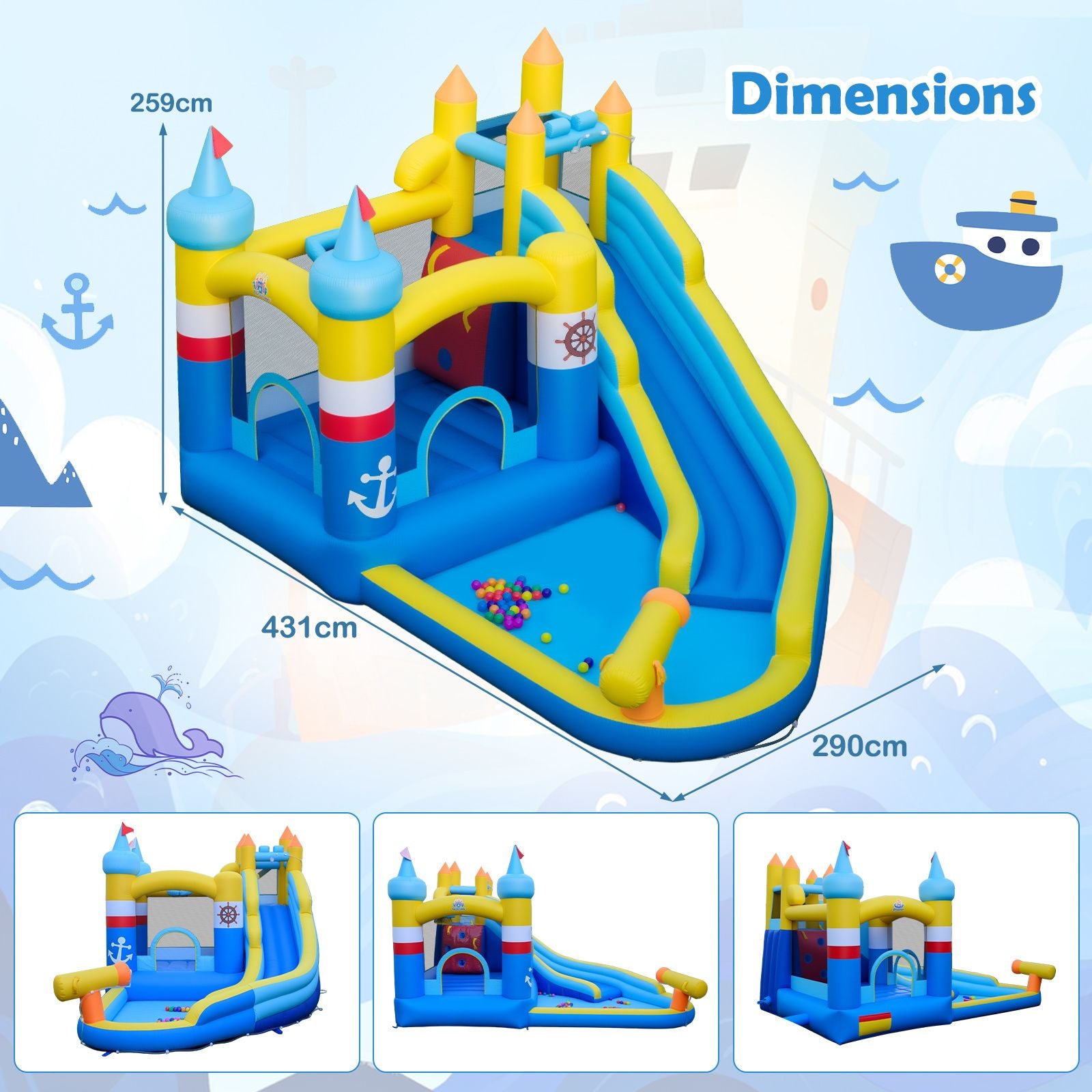 Inflatable Water Slide Kids Water Park with Splash Pool Water Cannon (Without Blower)