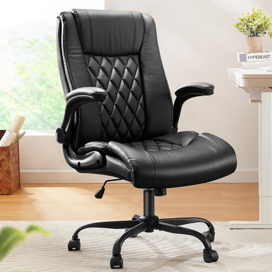 Executive Office Chair with Flip-Up Armrests,Pu Leather Ergonomic Office Chair with Tilt Function Height-Adjustable Swivel Rolling for Home Office Working, Black