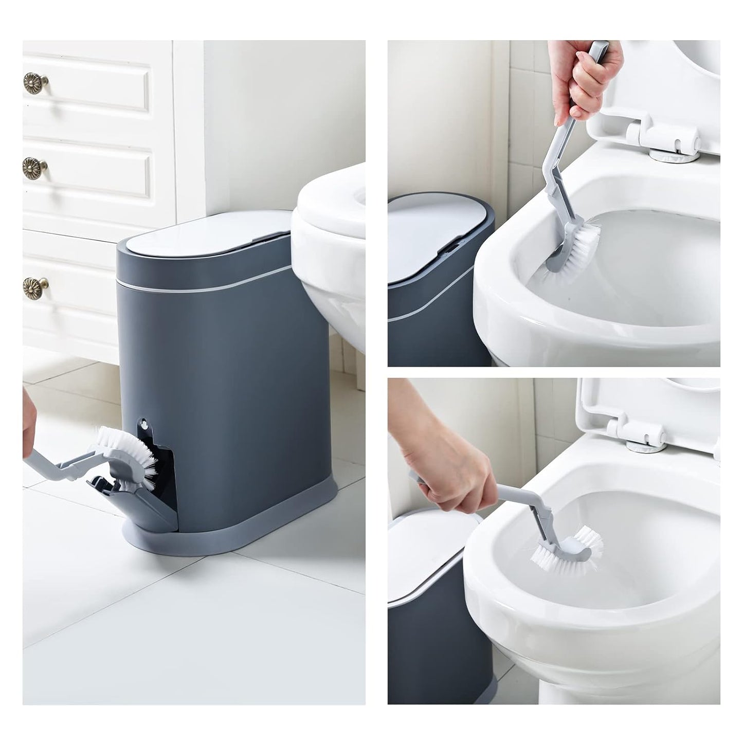 Bathroom Slim Plastic Trash Can with Toilet Brush 2.5 Gallon Double Barrel Waste Basket,Rectangular Press Garbage Container Bin for Bathroom(Grey)