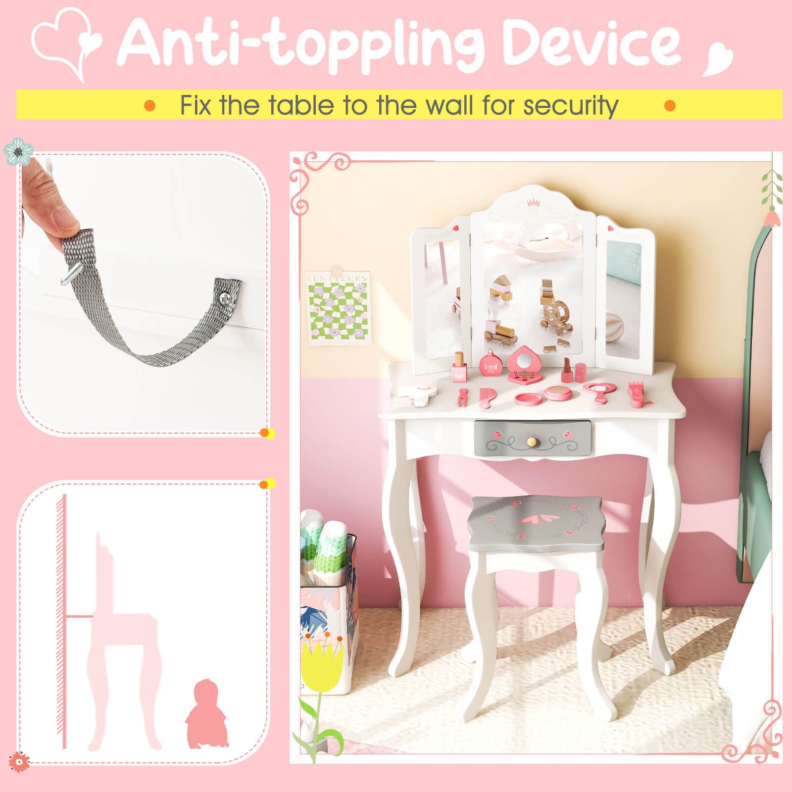 Kids Vanity Table and Stool with Detachable Tri-Fold Mirror and Cute Accessories