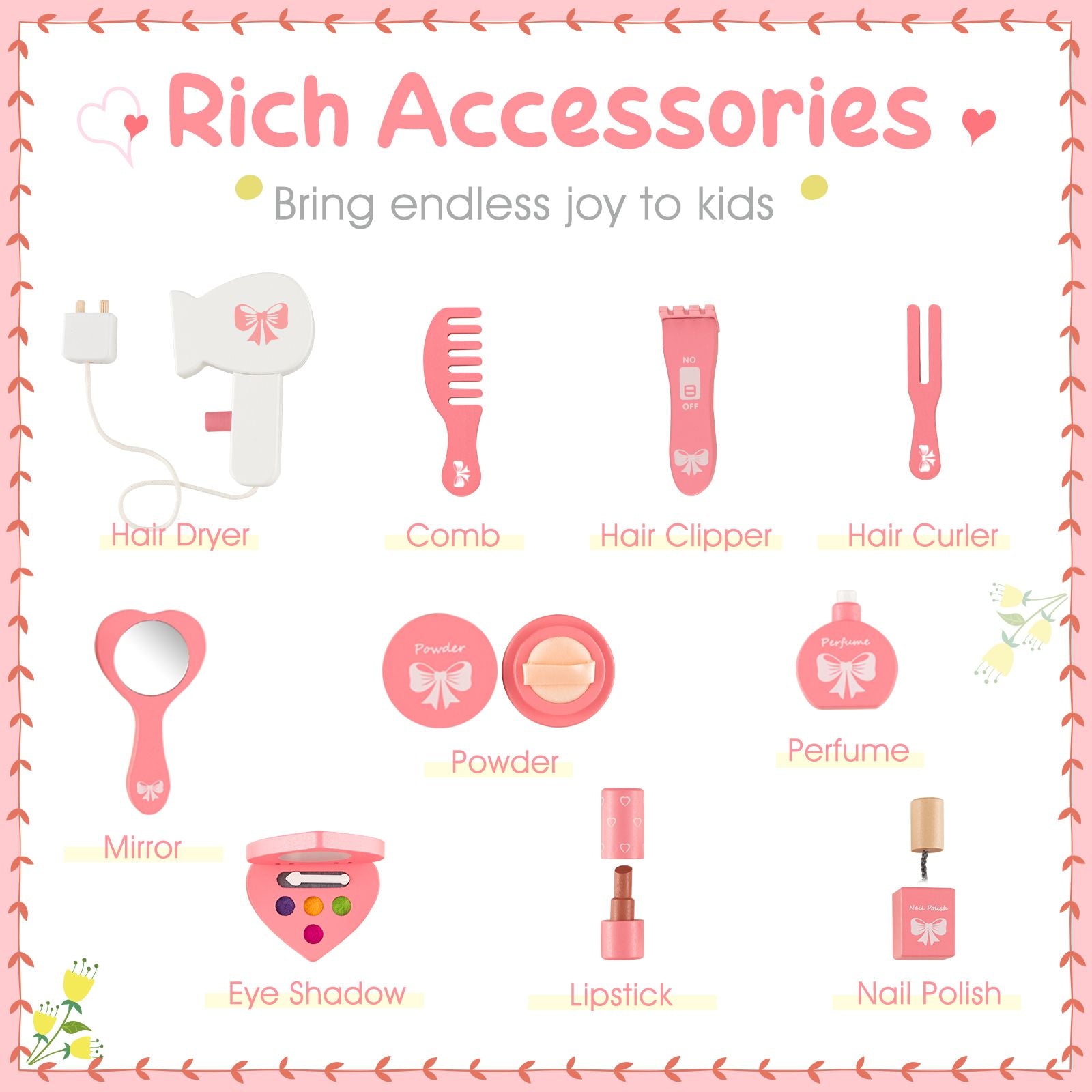 Kids Vanity Table and Stool with Detachable Tri-Fold Mirror and Cute Accessories