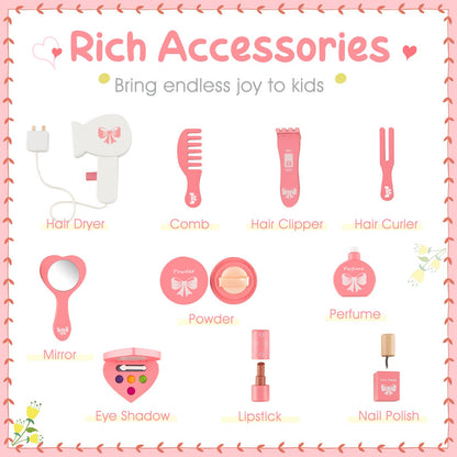 Kids Vanity Table and Stool with Detachable Tri-Fold Mirror and Cute Accessories
