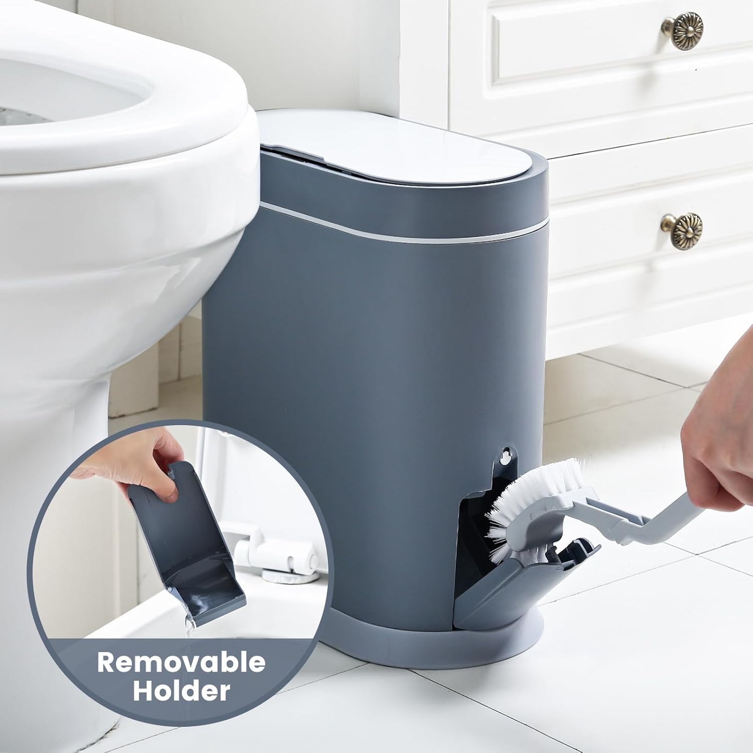 Bathroom Slim Plastic Trash Can with Toilet Brush 2.5 Gallon Double Barrel Waste Basket,Rectangular Press Garbage Container Bin for Bathroom(Grey)