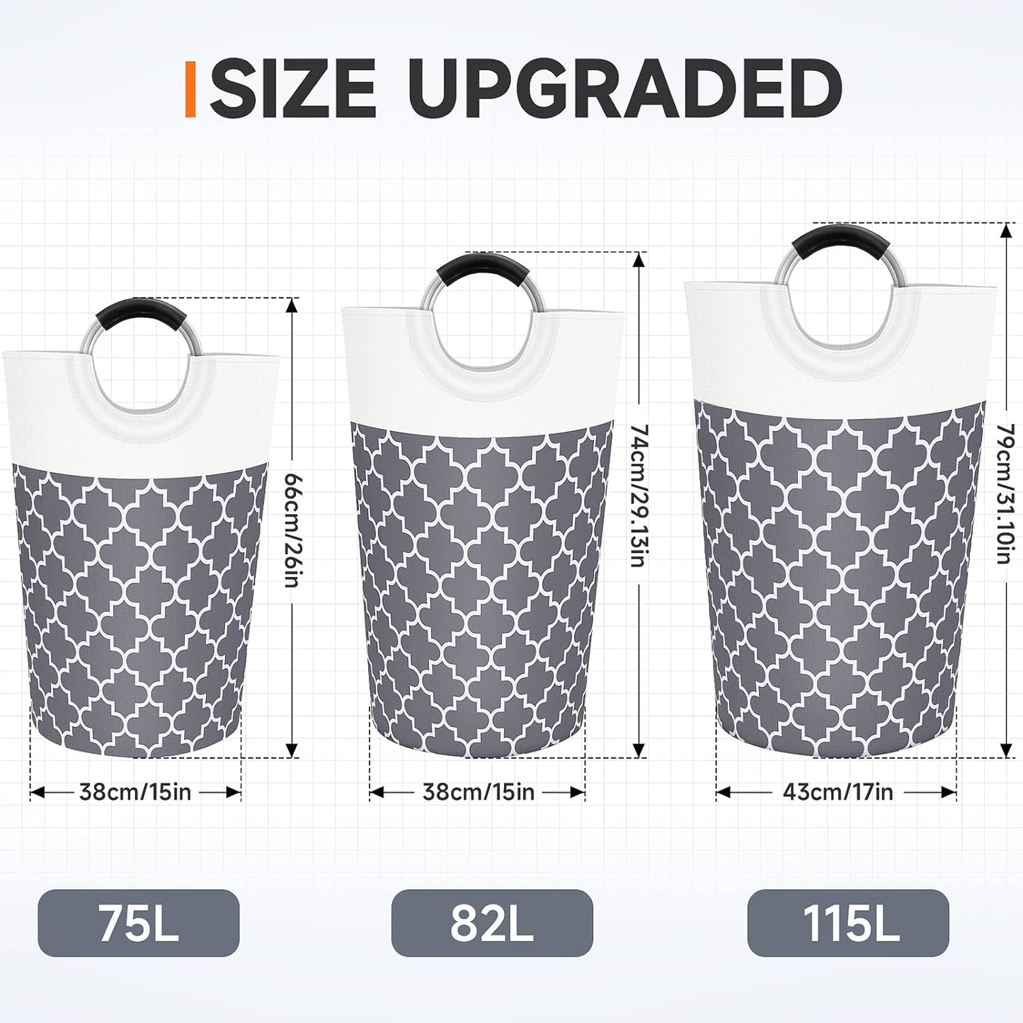 Large Laundry Basket Laundry Hamper Bag Washing Bin Clothes Bag Collapsible Tall with Handles Waterproof Travel Bathroom College Essentials Storage for College Dorm, Family (Grey),82L