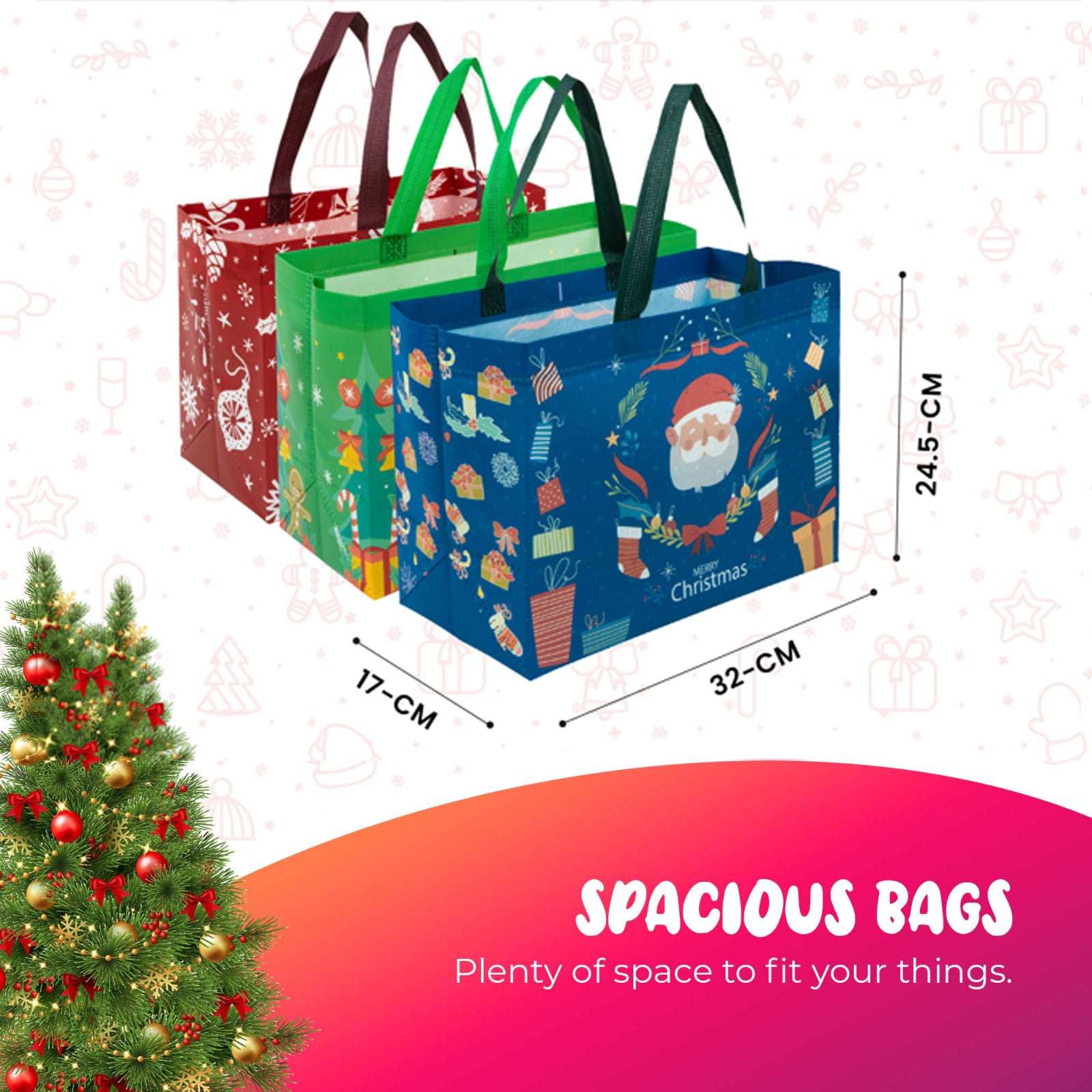 12 Pack Christmas Reusable Grocery Bag Tote Bag with Handle Gift Present Bag
