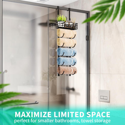 over Door Towel Rack - Towel Storage Rack Wall Mounted with Metal Shelf Basket, 6-Tier over Door Towel Rail & Bathroom Storage Organiser Towel Holder for Small Bathroom, Camper, Rv