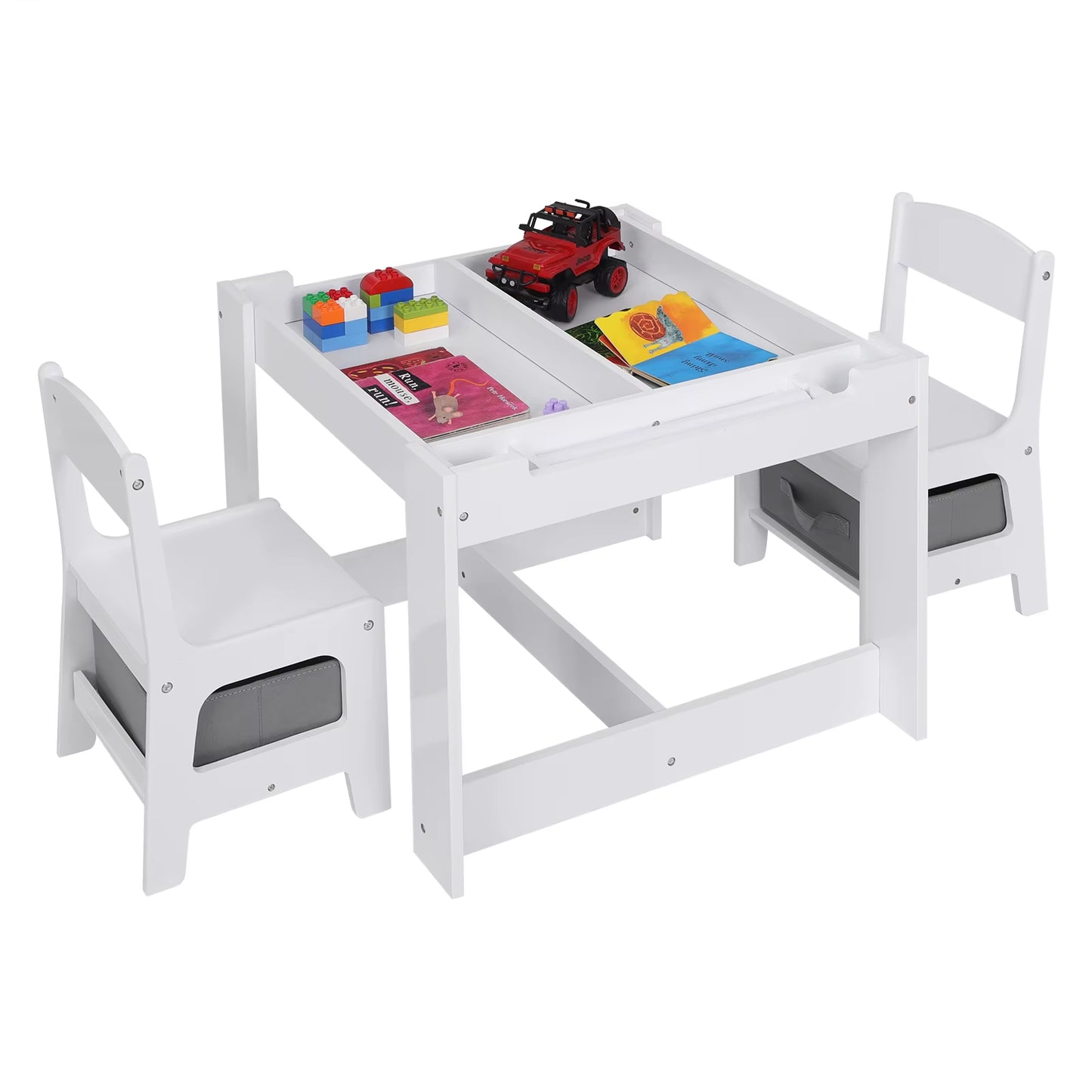 Kids Desk White Children Table 2Chairs Set with Storage Basket Reversible Tabletop Blackboard Paper Roll for Preschool