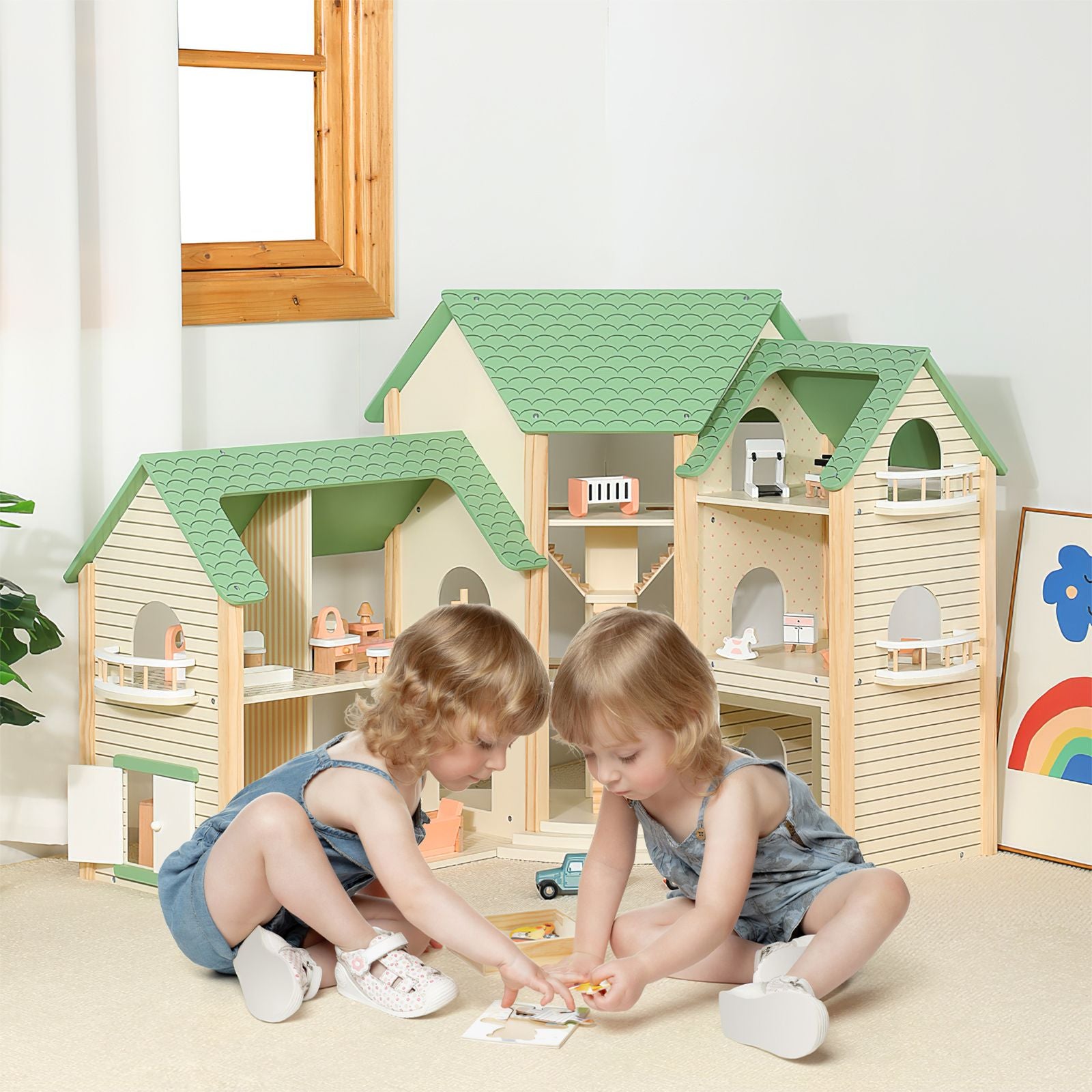 Wooden Dollhouse with 36 Pieces Accessories for Kids