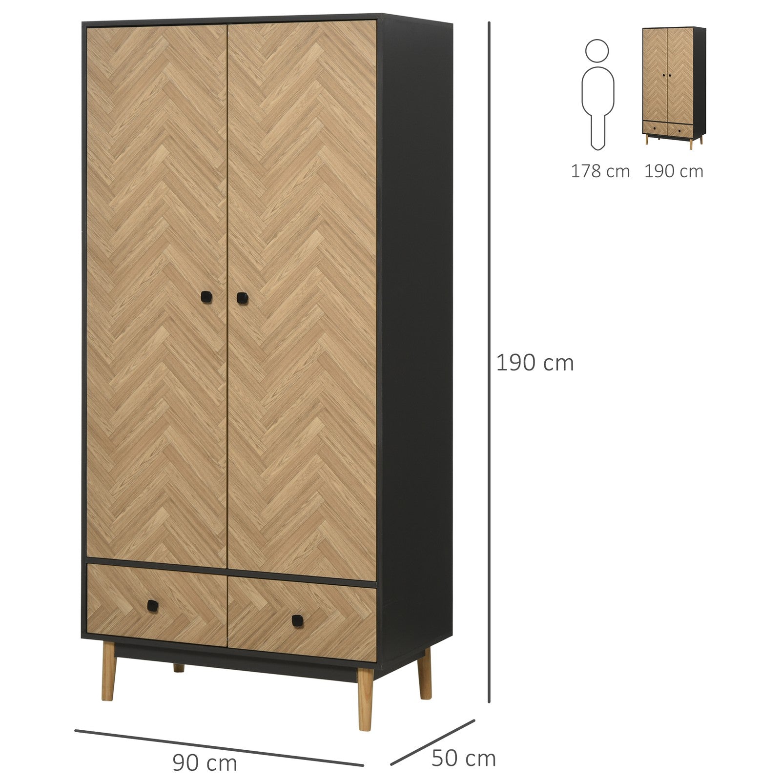 Modern Wardrobe Cabinet with Shelf, Hanging Rod and 2 Drawers 90X50X190Cm