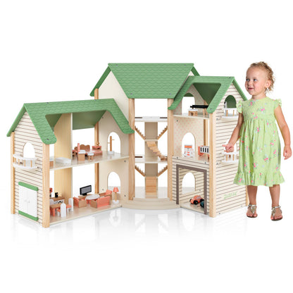 Wooden Dollhouse with 36 Pieces Accessories for Kids