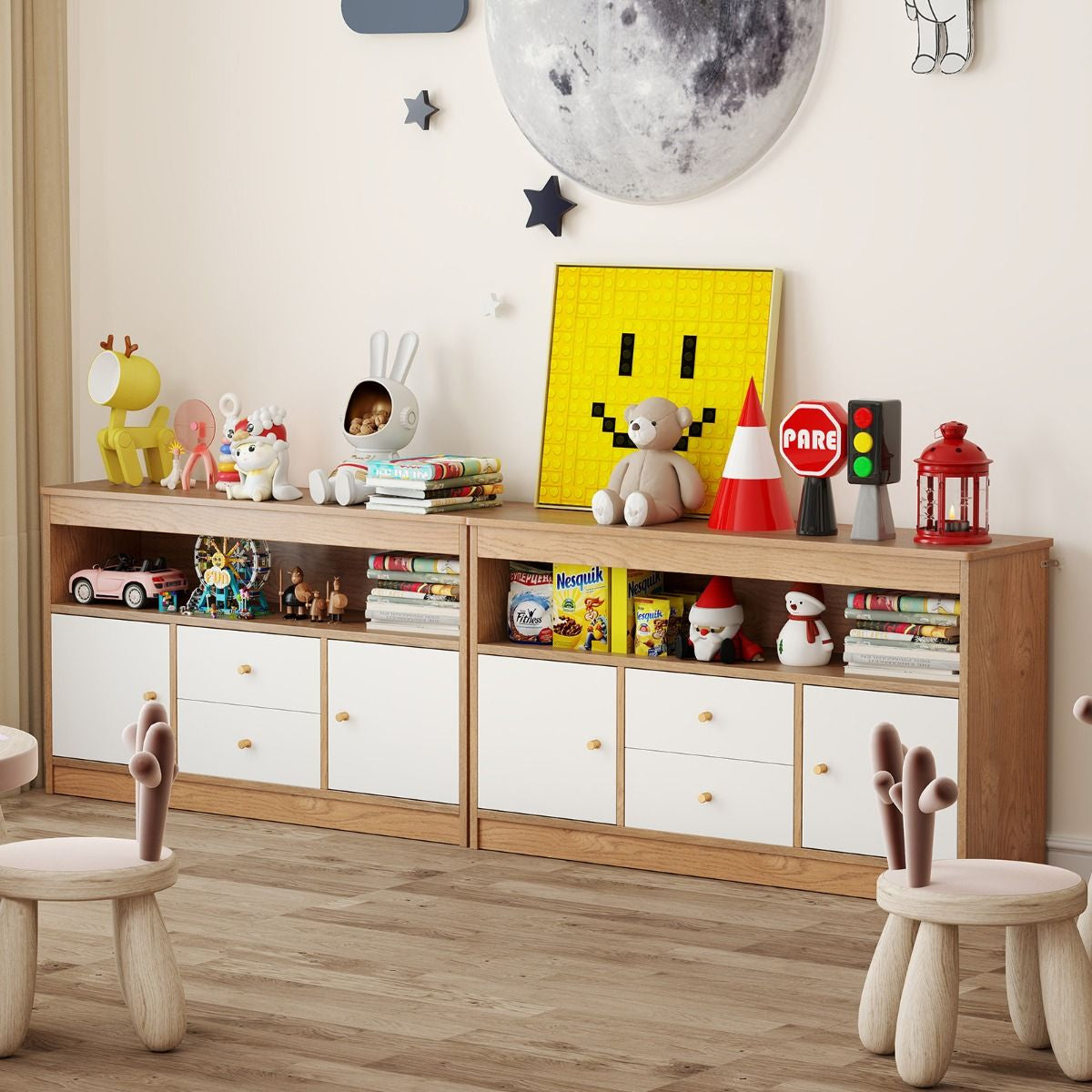 Wooden Kids Toy Children Bookshelf Storage Chest with Open Shelf