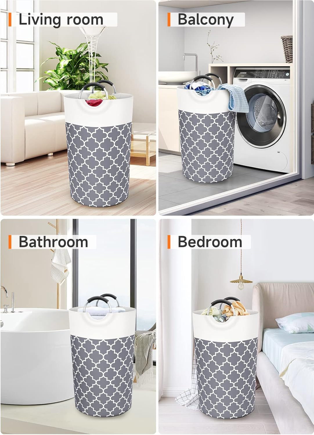Large Laundry Basket Laundry Hamper Bag Washing Bin Clothes Bag Collapsible Tall with Handles Waterproof Travel Bathroom College Essentials Storage for College Dorm, Family (Grey),82L